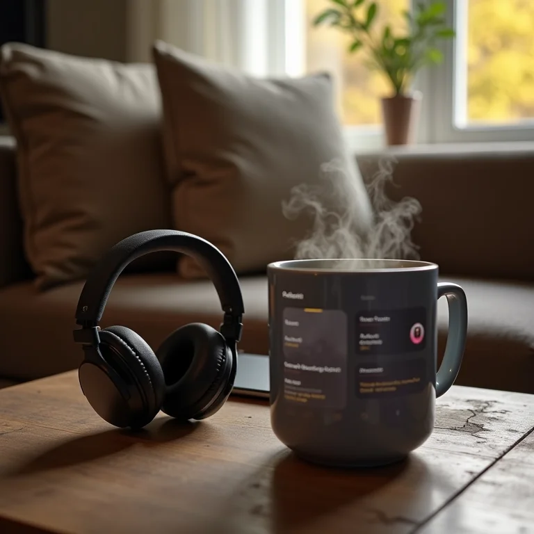 Fones de ouvido, chá e tablet em um ambiente aconchegante, representando a flexibilidade dos podcasts.