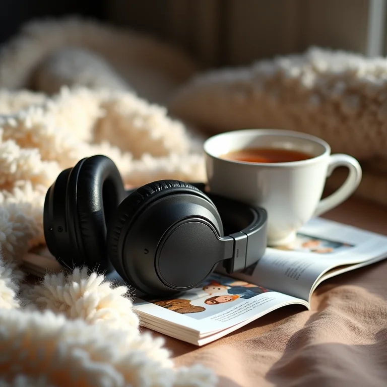Fones de ouvido e revista sobre parentalidade com chá e manta.