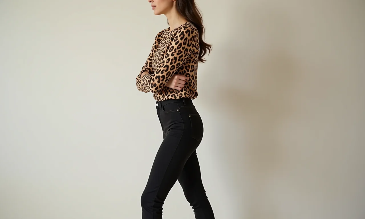 Foto de corpo inteiro de mulher com blusa de oncinha e calça preta, pose estratégica, look equilibrado.