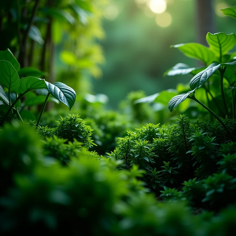 Fotografia de um jardim exuberante em tons de verde.