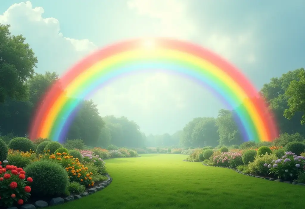 Fotografia editorial de um arco-íris vibrante sobre um jardim exuberante.