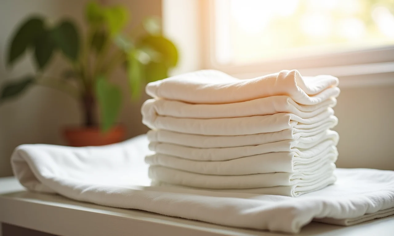 Fraldas limpas empilhadas em trocador de bebê.