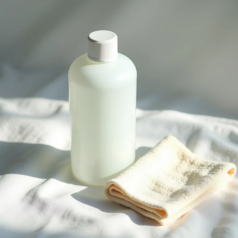 Frasco de álcool isopropílico ao lado de um pano de limpeza sobre tecido texturizado.