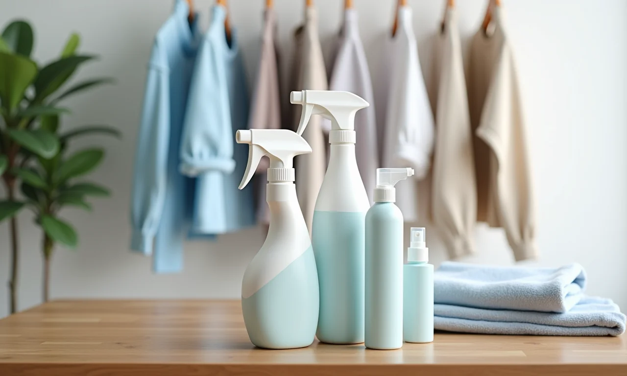 Frascos de produtos antimofo em mesa de madeira com roupas penduradas ao fundo.