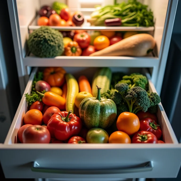 Frutas e legumes frescos nas gavetas inferiores da geladeira.