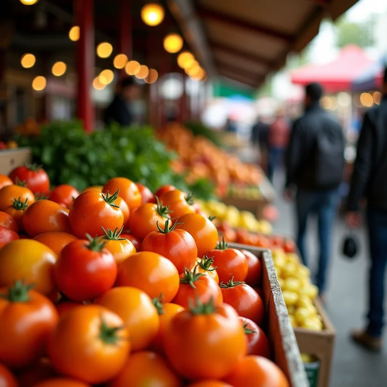 Frutas e vegetais da estação em um mercado local.