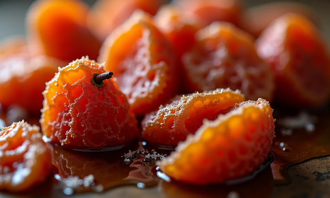 Frutas secas e cristalizadas com alta concentração de açúcar.