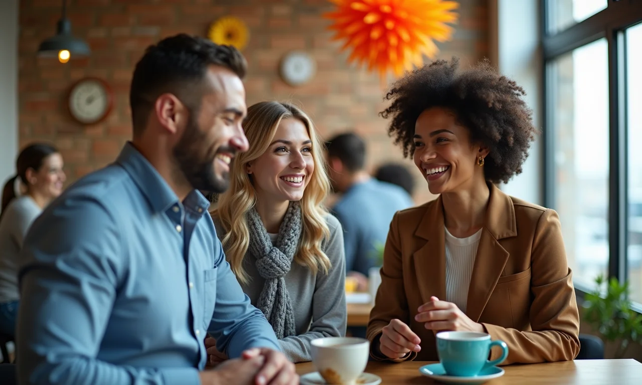 Funcionários sorrindo perto de decoração junina, demonstrando a importância para o moral da empresa.
