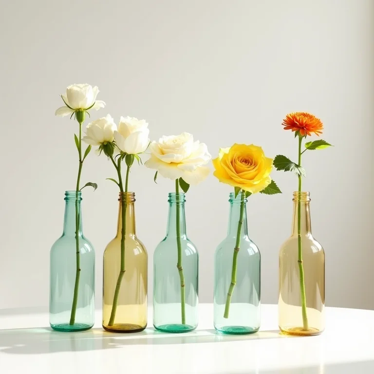 Garrafas de vidro recicladas como vasos elegantes com flores