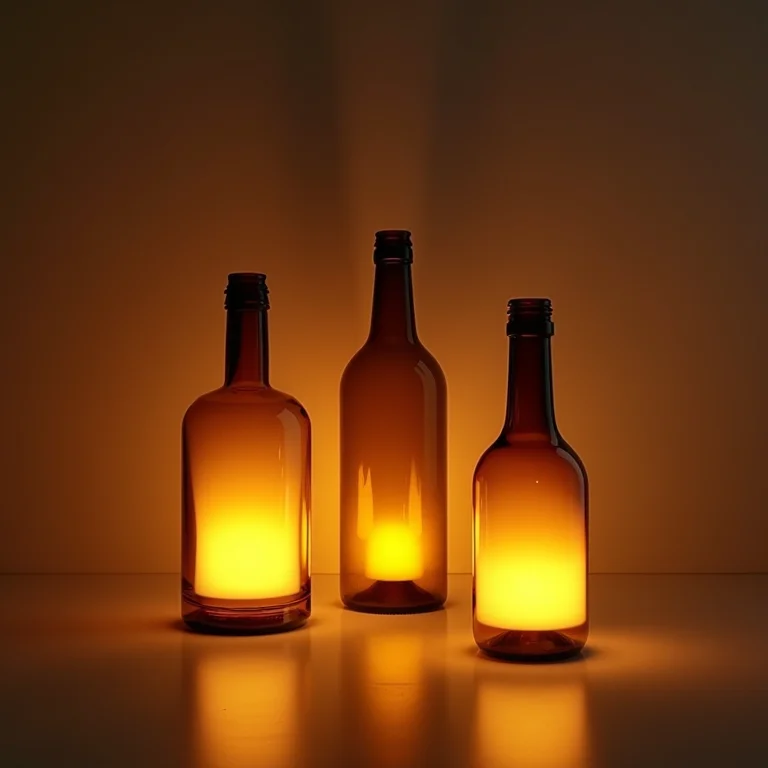 Garrafas de vidro transformadas em luminárias elegantes com luz quente.