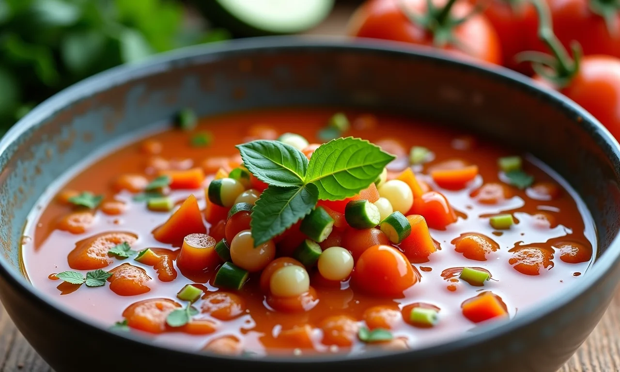 Gaspacho andaluz, uma sopa fria espanhola refrescante e nutritiva, ideal para os dias quentes.