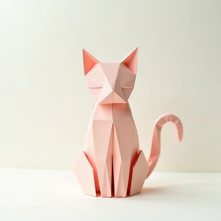 Gatinho minimalista feito com origami em papel pastel.