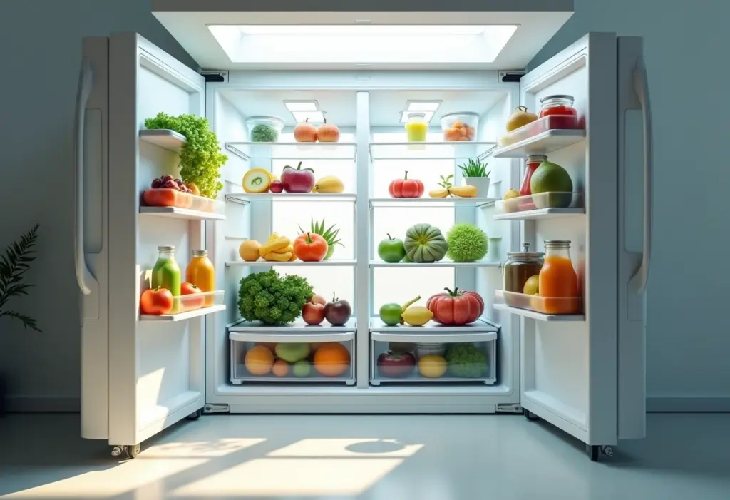 Geladeira organizada com alimentos frescos e potes organizadores