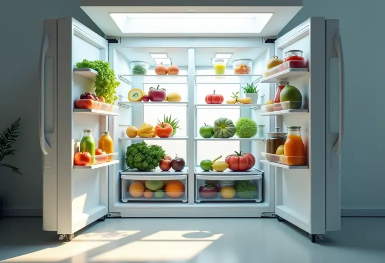 Geladeira organizada com alimentos frescos e potes organizadores