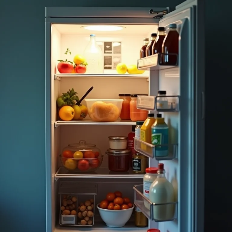 Geladeira superlotada com alimentos mal organizados