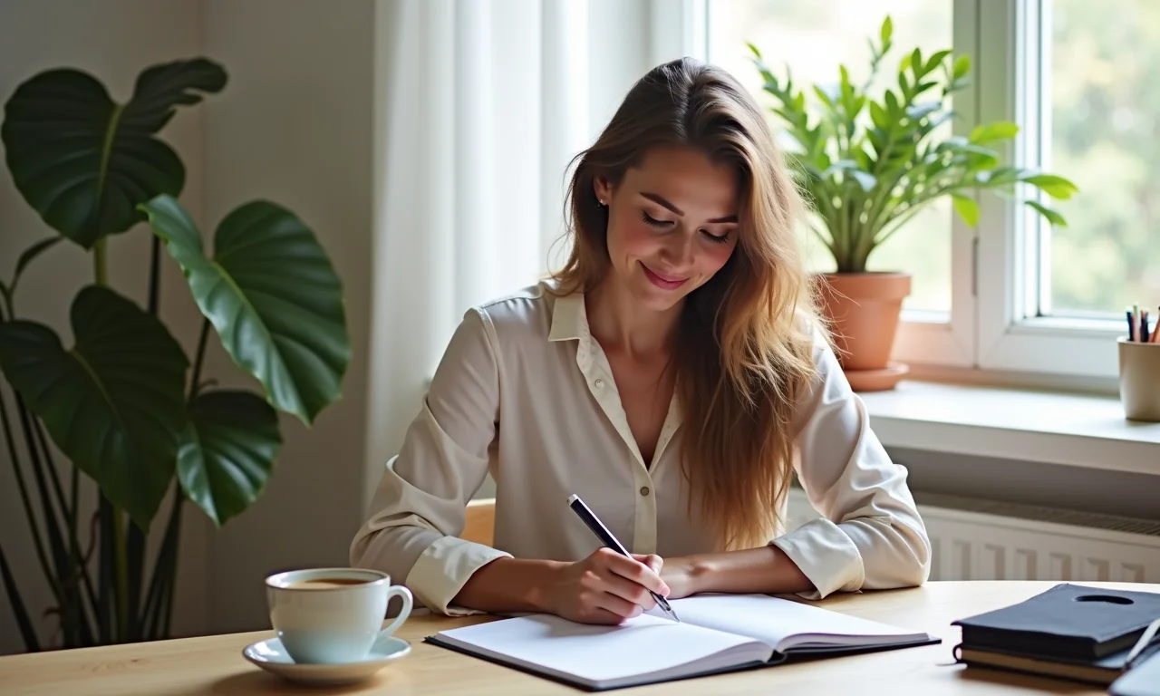 Geminiana organizando sua agenda em apartamento iluminado no Brasil.