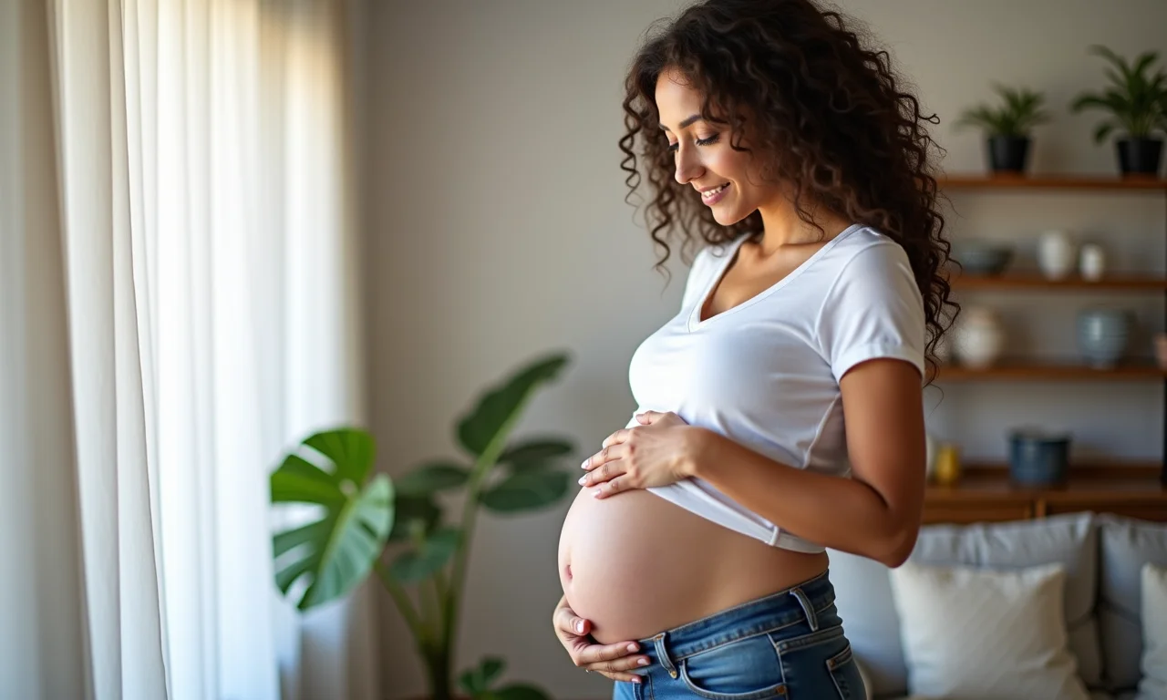 Gestante confortável em jeans e camiseta branca.