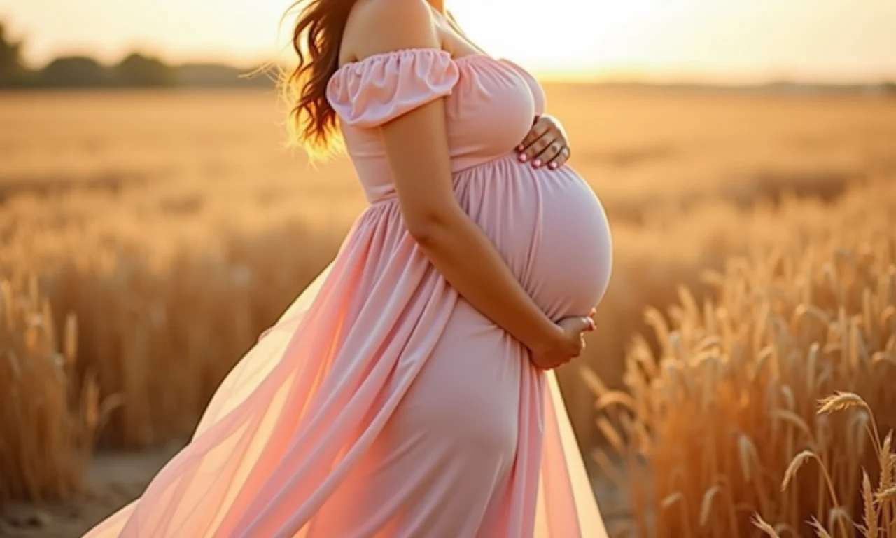 Gestante em vestido longo e fluido em campo de trigo.