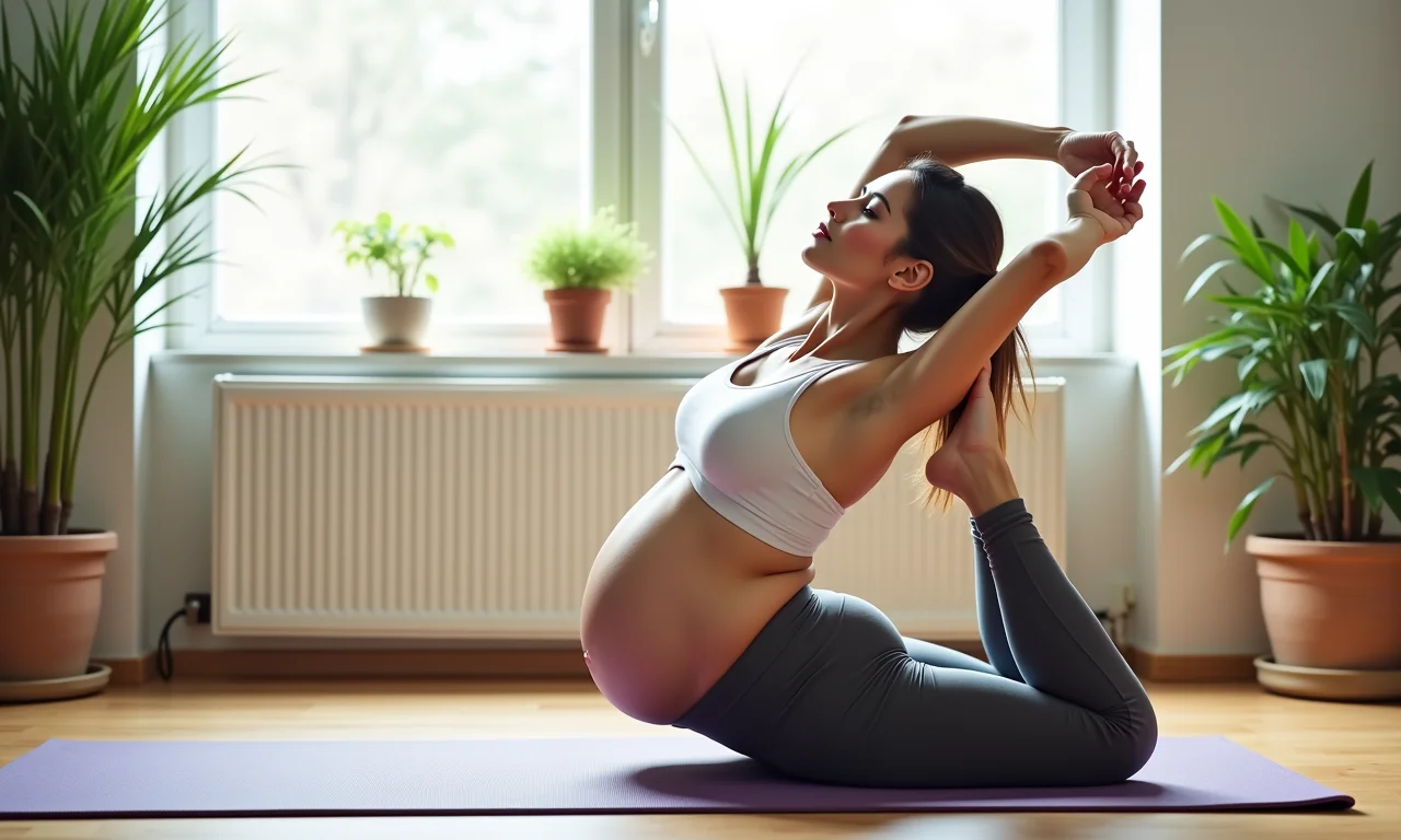 Gestante fazendo alongamento e mobilidade.