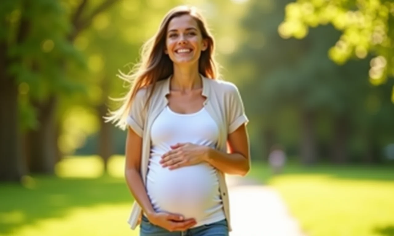 Gestante fazendo caminhada leve em parque ensolarado.
