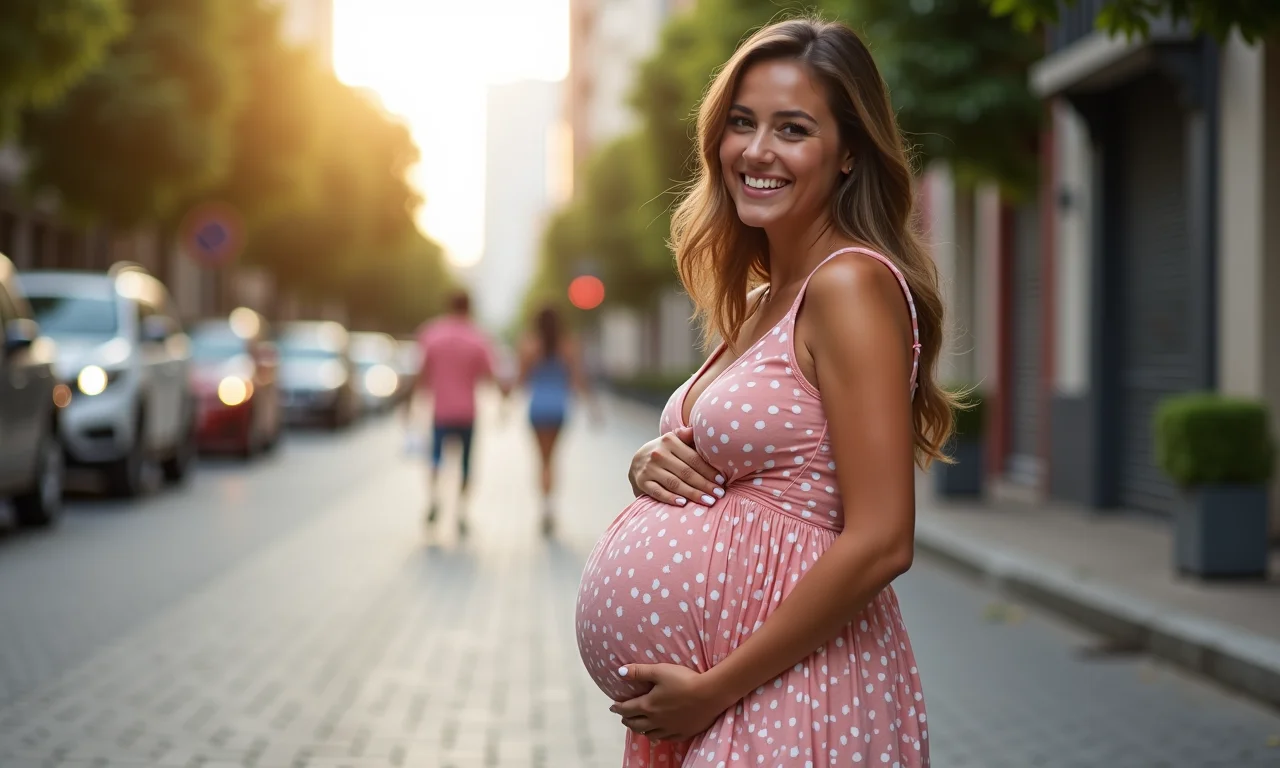 Gestante moderna em vestido curto e alegre.