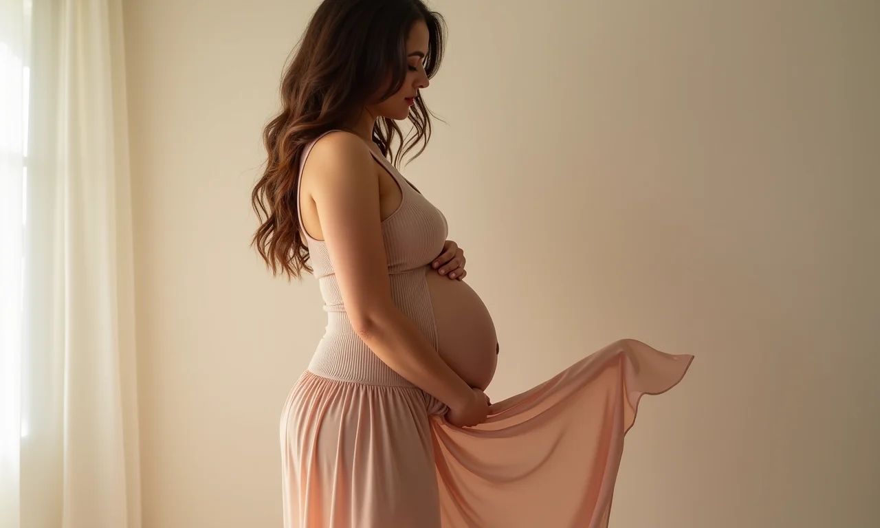 Gestante sensual em body e saia fluida.