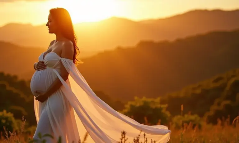 Grávida radiante em vestido branco, paisagem brasileira ao fundo.
