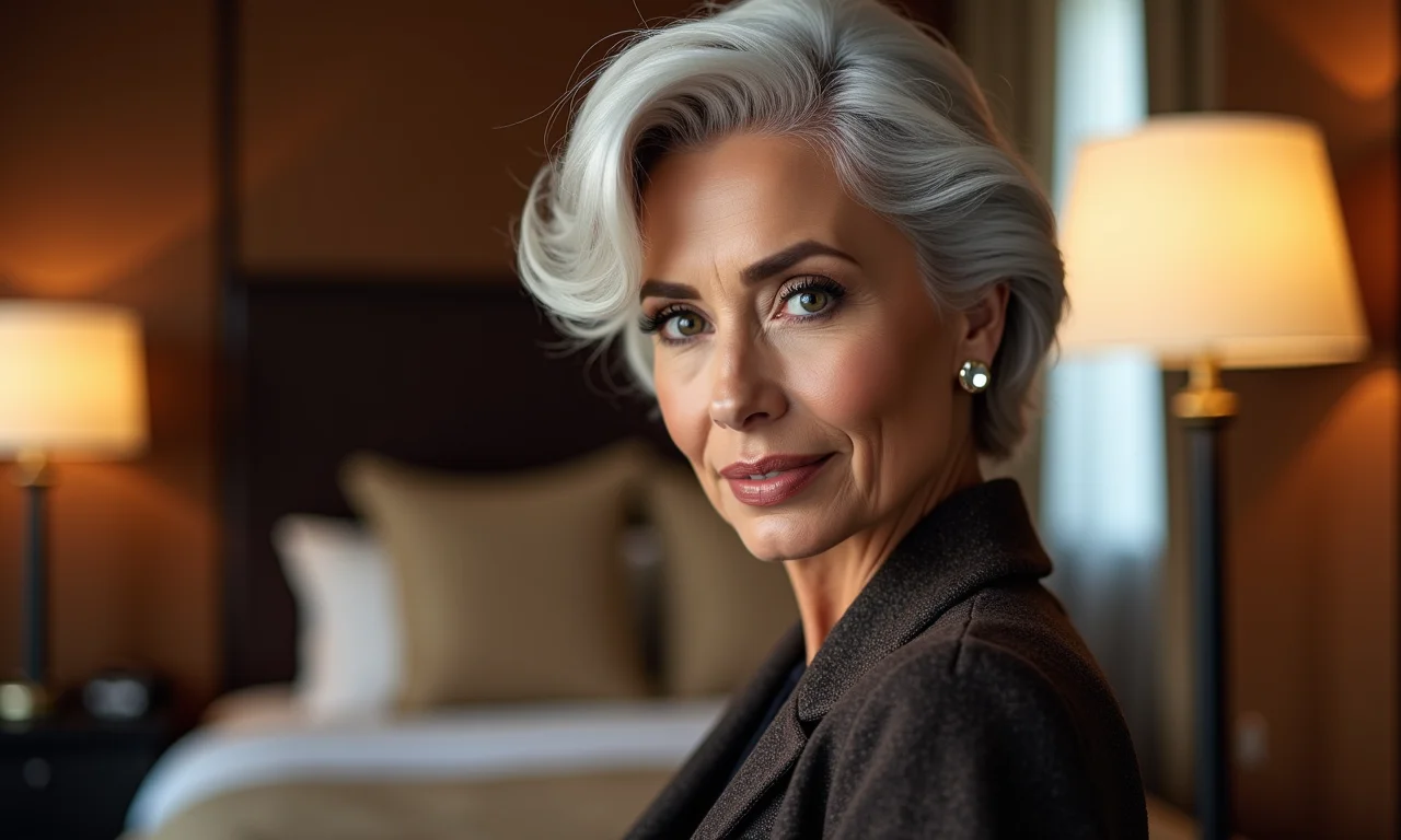 Grece Ghanem, 50 anos, cabelos grisalhos, posando em hotel de luxo em São Paulo.