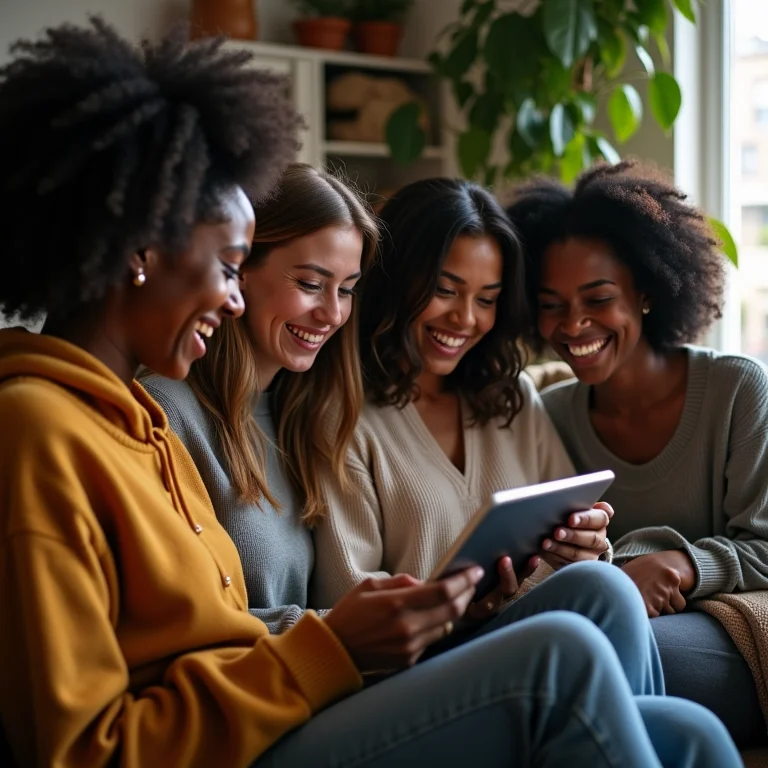 Grupo de amigas revivendo momentos especiais em fotos.