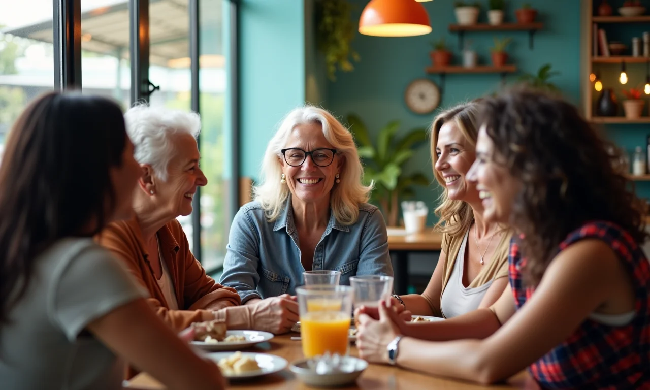 Grupo de amigas se apoiando e rindo juntas em um café no Brasil.