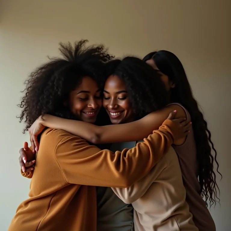 Grupo de amigos diversos se abraçando calorosamente.