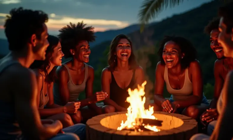 Grupo de amigos reunidos ao redor de uma fogueira à noite, compartilhando momentos e histórias.