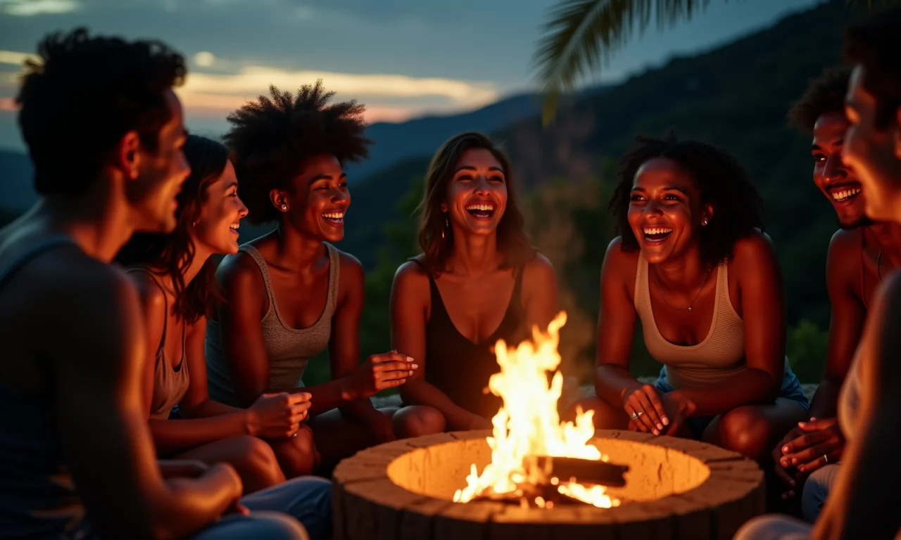 Grupo de amigos reunidos ao redor de uma fogueira à noite, compartilhando momentos e histórias.