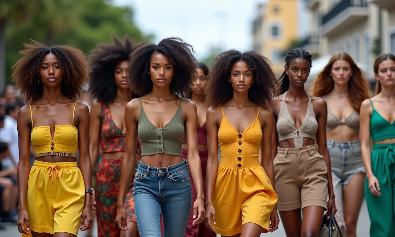 Grupo de brasileiros estilosos em um evento de moda usando designs contemporâneos.