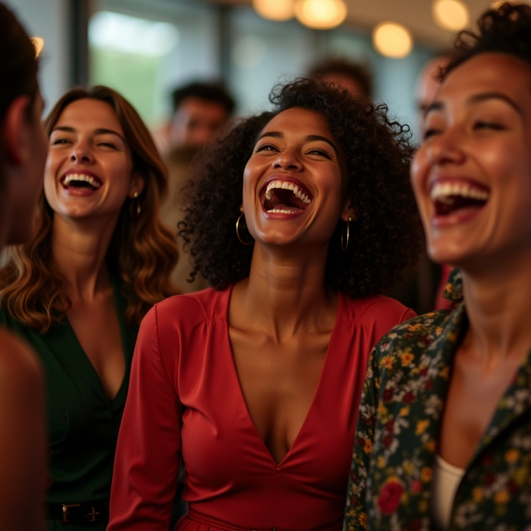 Grupo de mulheres brasileiras celebrando em festa de confraternização com looks diversos e estilosos.
