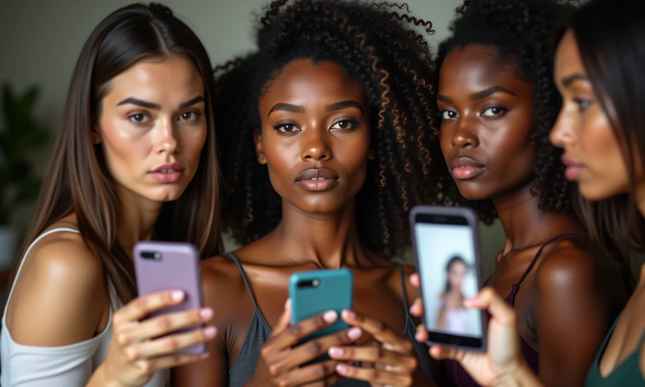 Grupo de mulheres brasileiras comparando suas aparências com fotos nas redes sociais.
