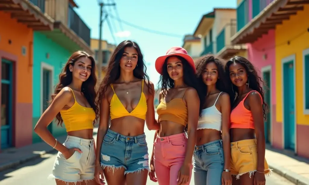 Grupo de mulheres estilosas exibindo tendências dos anos 90 em rua movimentada no Brasil.