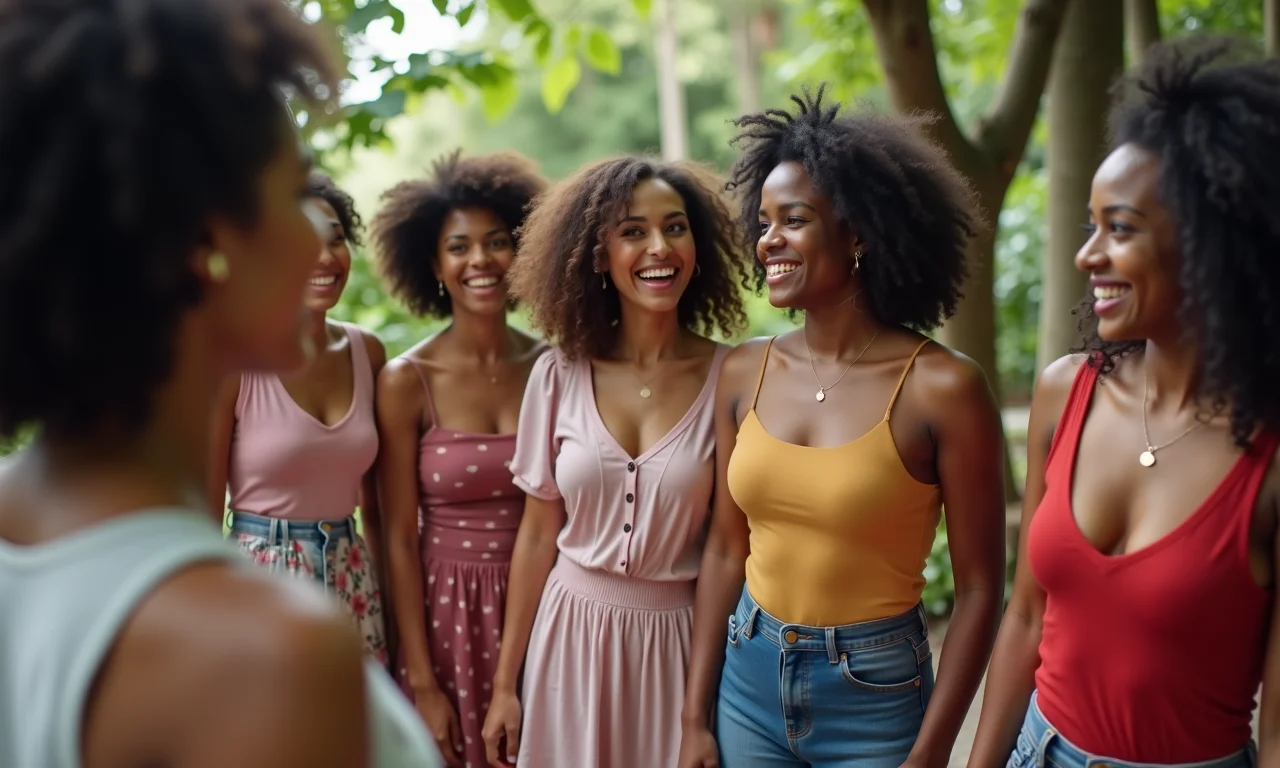 Grupo de mulheres trocando roupas em uma festa de troca, rindo e se divertindo.