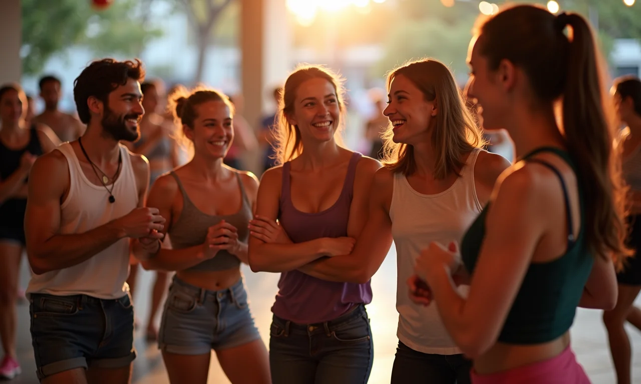 Grupo de pessoas socializando após a aula de dança.