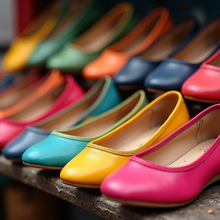 Grupo de sapatilhas coloridas expostas em banca de mercado brasileiro vibrante, demonstrando alegria e estilo.