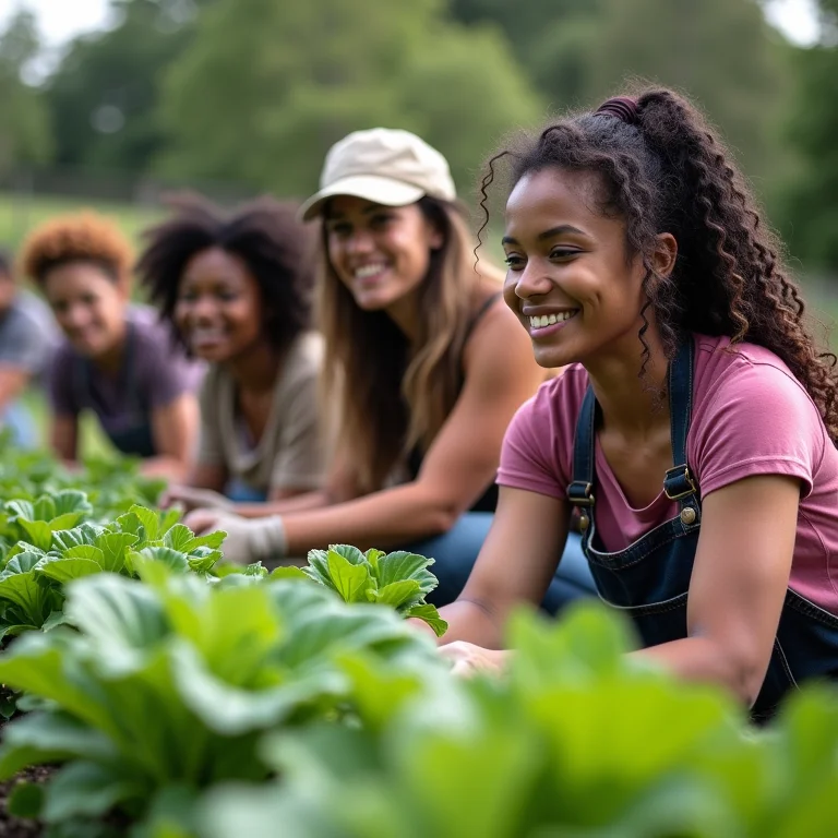 Grupo de voluntários plantando em horta comunitária.