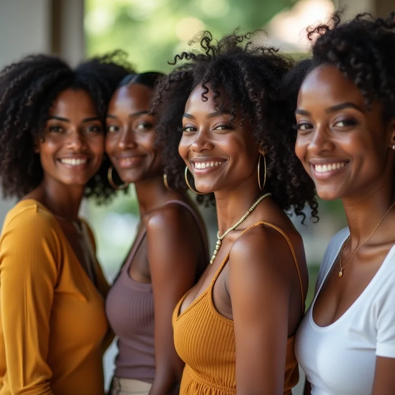 Grupo diversificado de mulheres sorrindo e se apoiando mutuamente