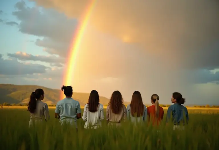 Grupo diverso admirando um arco-íris vibrante no campo.