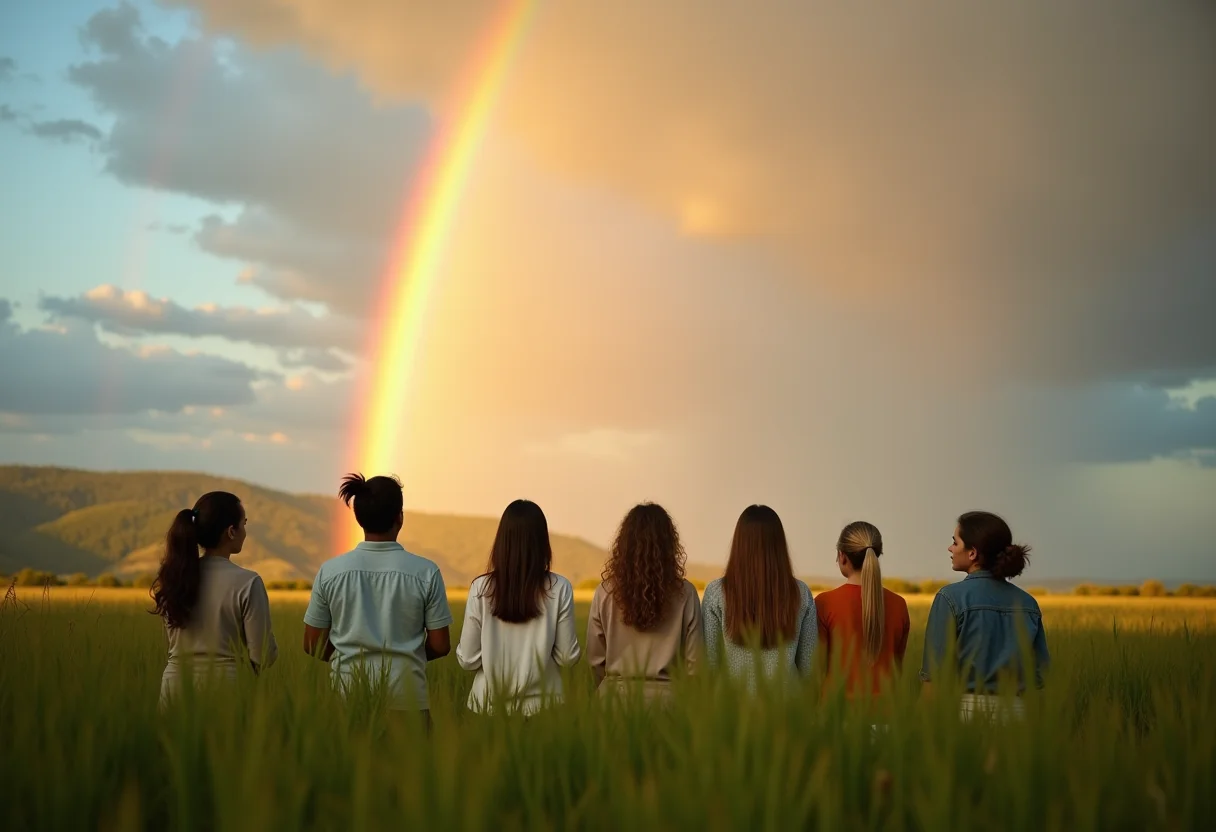 Grupo diverso admirando um arco-íris vibrante no campo.