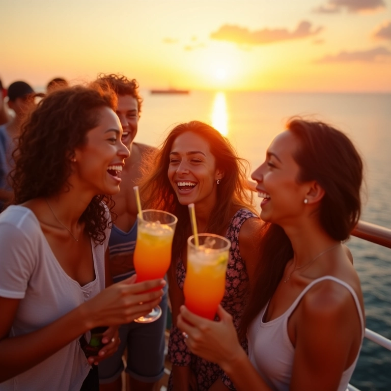 Grupo diverso aproveitando um cruzeiro tropical no Brasil ao pôr do sol.