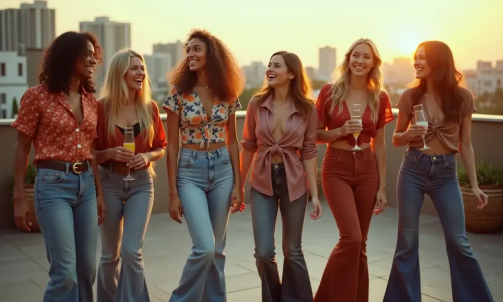 Grupo diverso celebrando a moda anos 70 em festa moderna com vista.