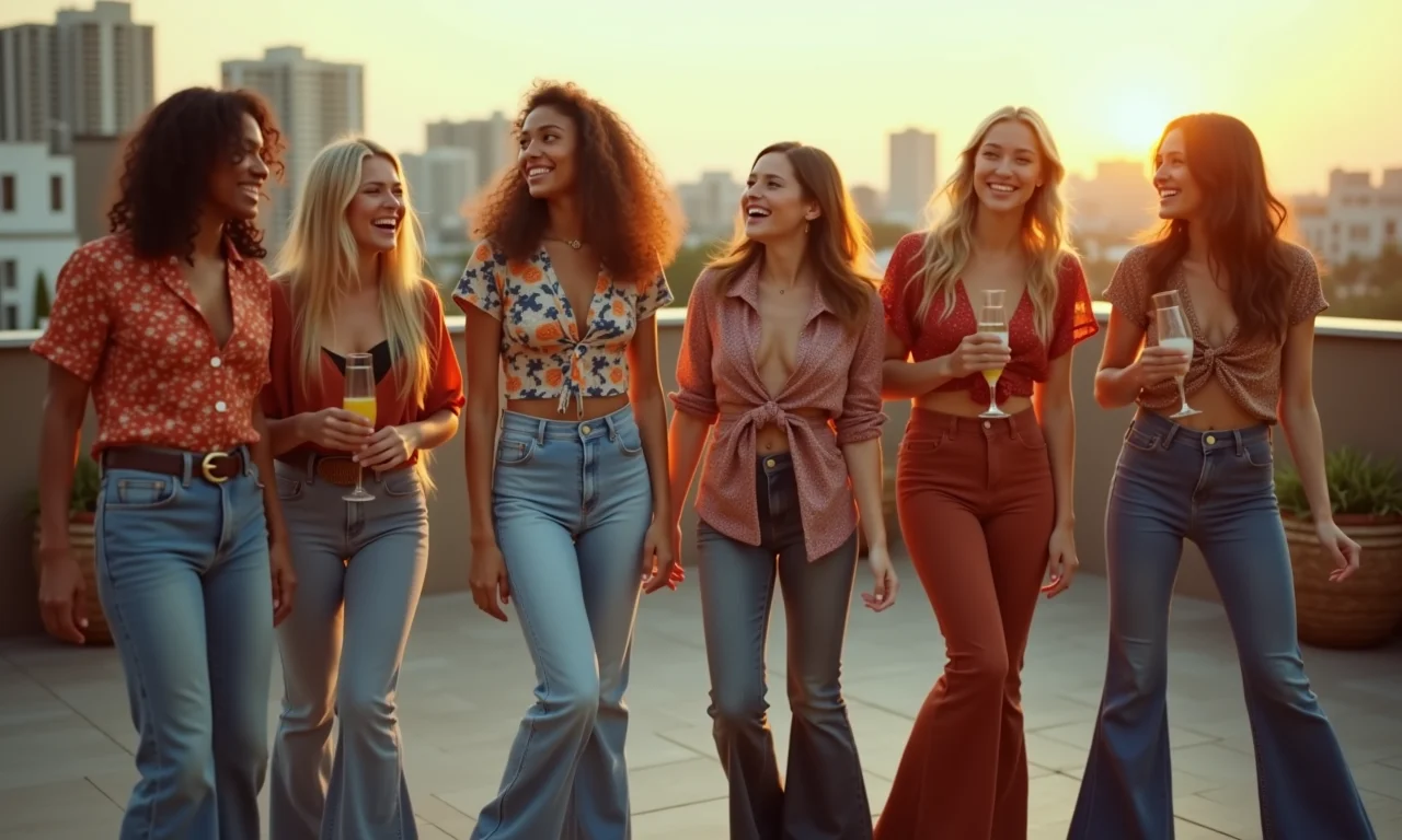 Grupo diverso celebrando a moda anos 70 em festa moderna com vista.