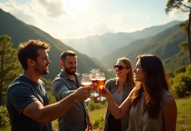 Grupo diverso celebrando em destino de viagem sustentável.