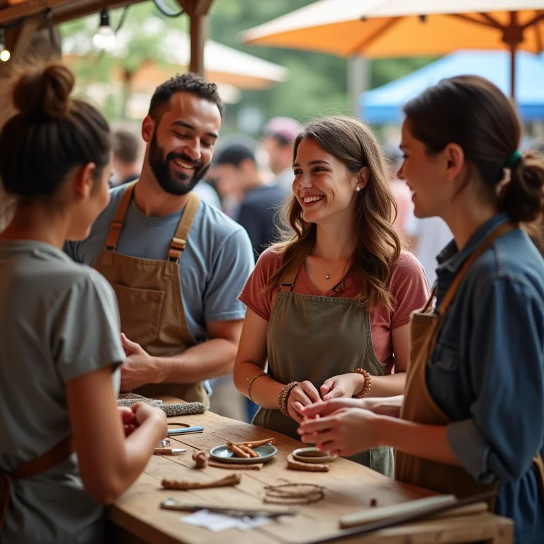 Grupo diverso de artesãos interagindo em feira de artesanato