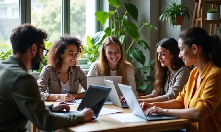Grupo diverso de brasileiros estudando online, focados no desenvolvimento pessoal e profissional.